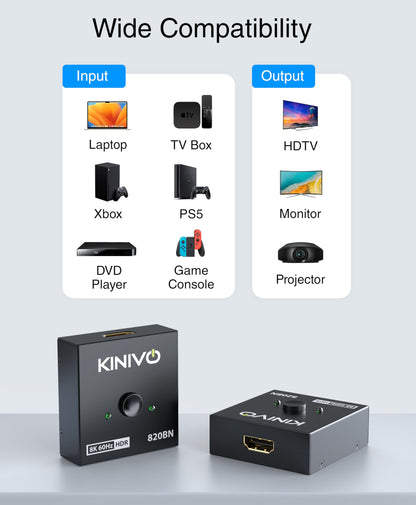 Kinivo HDMI Switch 5 in 1 Out 4K 60Hz (HDR 10, High Speed 18Gbps, IR Remote, HDCP2.2, Dolby Vision, VRR) - 550BN Switcher Compatible with Roku, PS5, Xbox, Apple TV, Nintendo Switch 2, Cable Box
