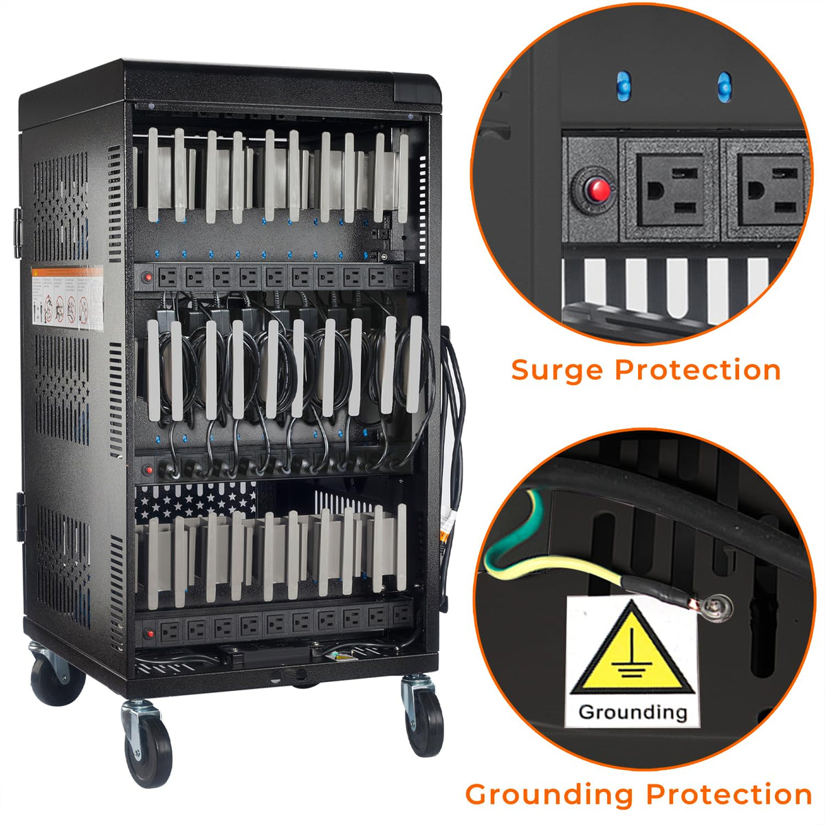 Fully Assembled 30 Bay Mobile Charging and Storage Cart for iPad, Chromebook and Laptop Computer with Keypad Lock,Up to 14-inch Screen Size,Surge Protection,Front & Back Access Locking Cabinet (Black)