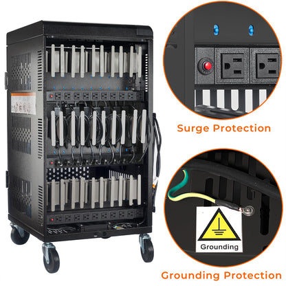 Fully Assembled 30 Bay Mobile Charging and Storage Cart for iPad, Chromebook and Laptop Computer with Keypad Lock,Up to 14-inch Screen Size,Surge Protection,Front & Back Access Locking Cabinet (Black)