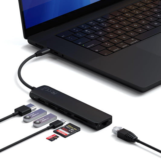 Satechi 7 in 1 USB C Hub Multiport Adapter with Ethernet, HDMI 4K@60Hz, 100W PD Charging, 2X USB-A Data Ports, Micro/SD Card Readers for MacBook Air/Pro/Neo, iPad Air/Pro, Windows - Black