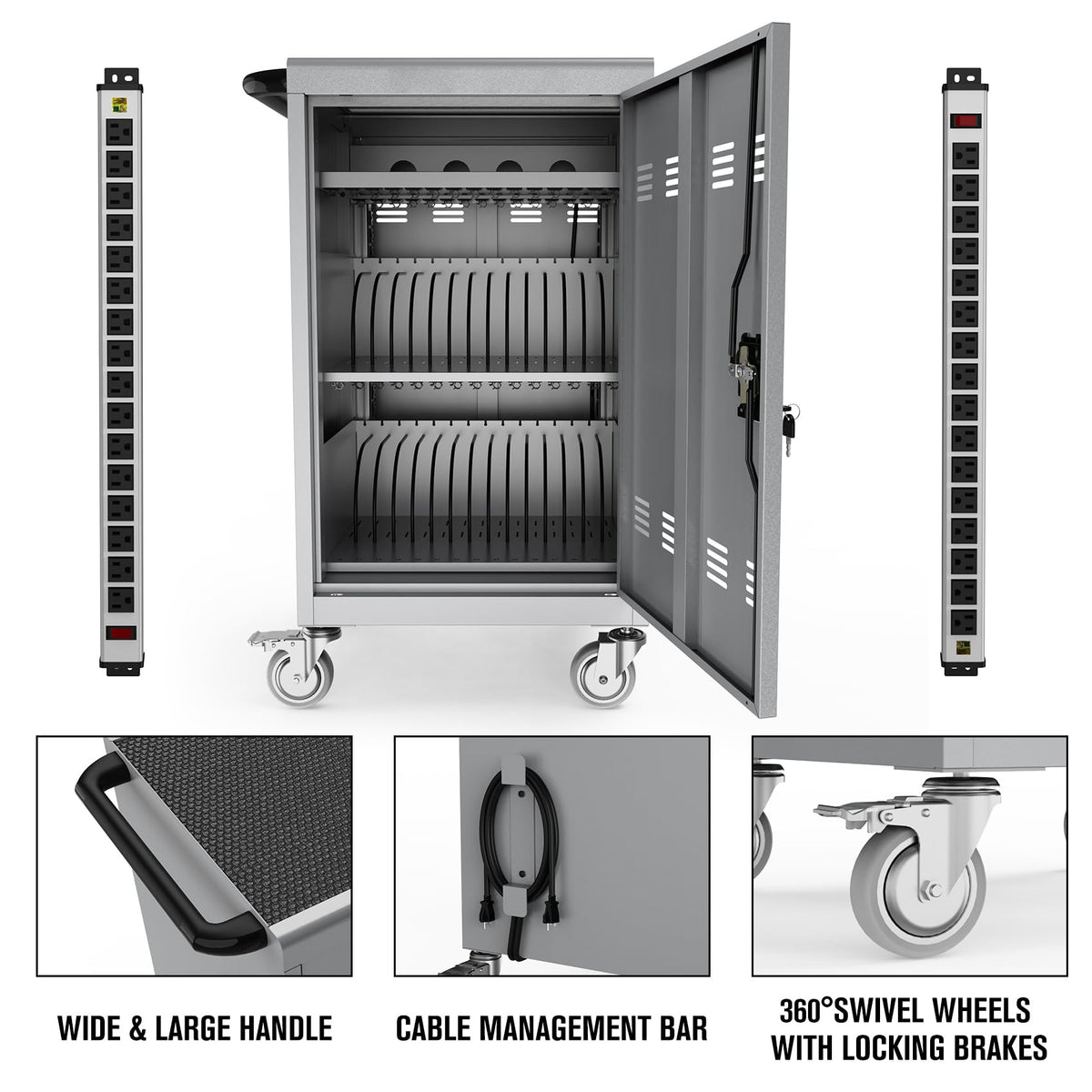 30 Device Mobile Laptop Charging Cart for Laptop Computers Chromebook Fast Charging & Secure Storage (16.3in Screen Size), Ideal for School, Library, Hospital - Black