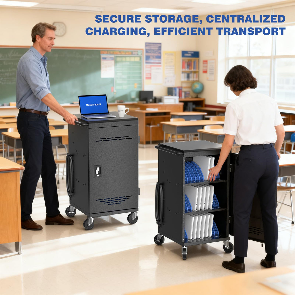 POCHAR 30 Devices Open Laptop Charging Cart for iPads, Tablets - Laptop & Tablet Storage Carts for Classroom, Office - Chromebook Charging Station Cart with Cable Management & Surge Protection