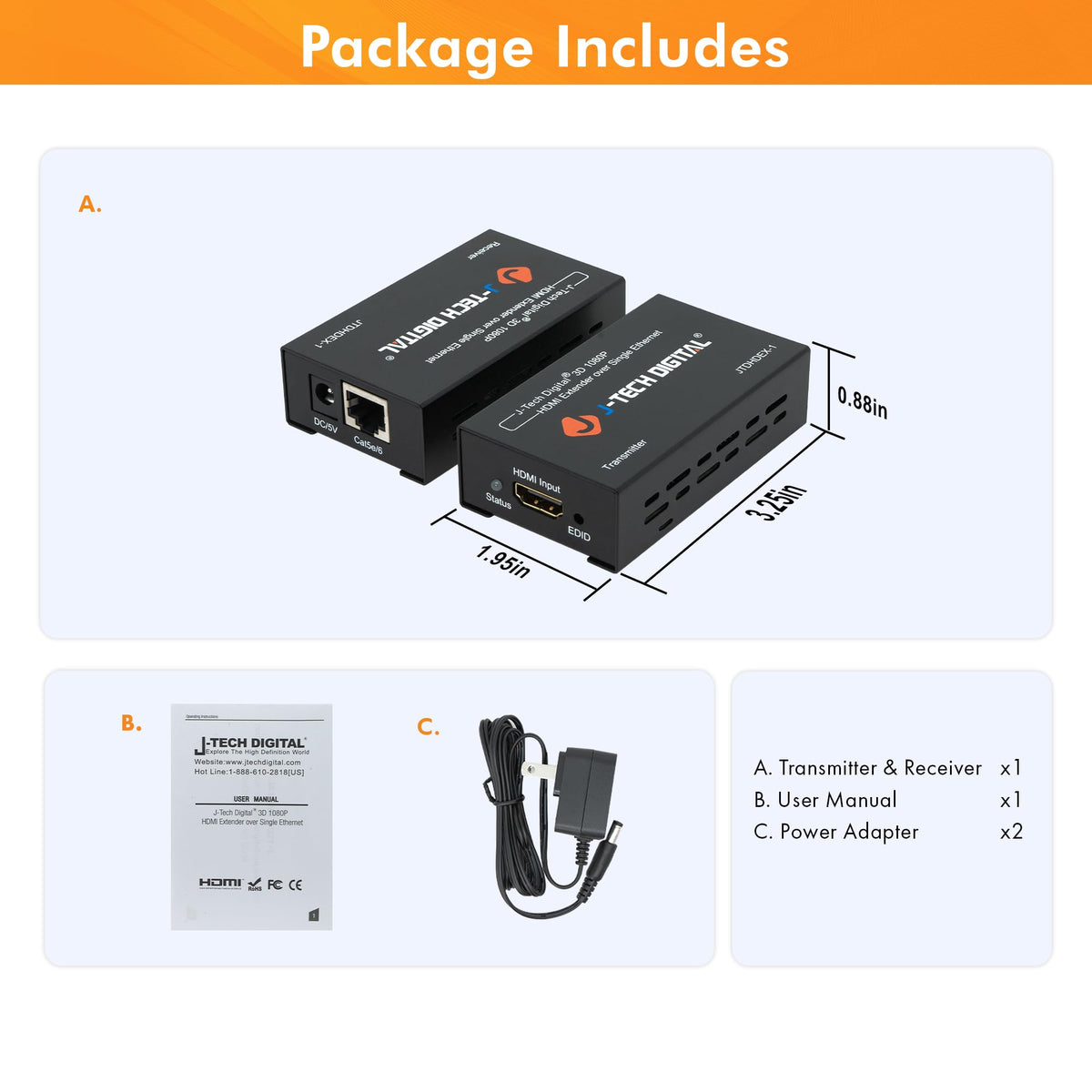 J-Tech Digital HDMI Extender over cat5e/6 1080P@200ft HDMI Balun Over Single Ethernet Supports EDID Copy Compatible with Dolby Digital DTS