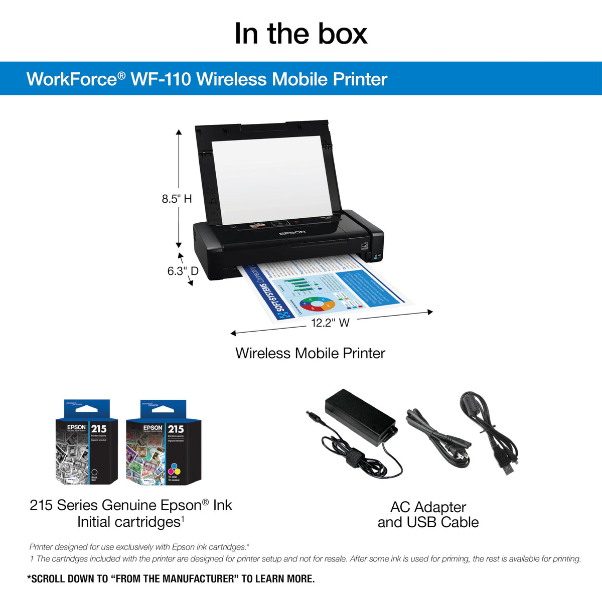 Epson Workforce WF-110 Wireless Color Mobile Printer,White, Small,Black