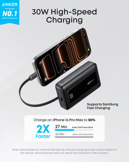 Anker Zolo Power Bank (2025 Upgraded Version), 20,000mAh 30W High-Speed Portable Charger with Built-in USB-C Cable, Battery Pack for iPhone 17/16 / 15 Series, Galaxy, and More