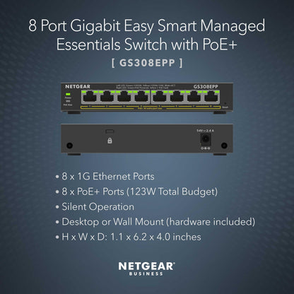 NETGEAR 5 Port PoE Gigabit Ethernet Easy Smart Managed Essentials Switch (GS305EP) - with 4 x PoE+ @ 63W, Desktop or Wall Mount