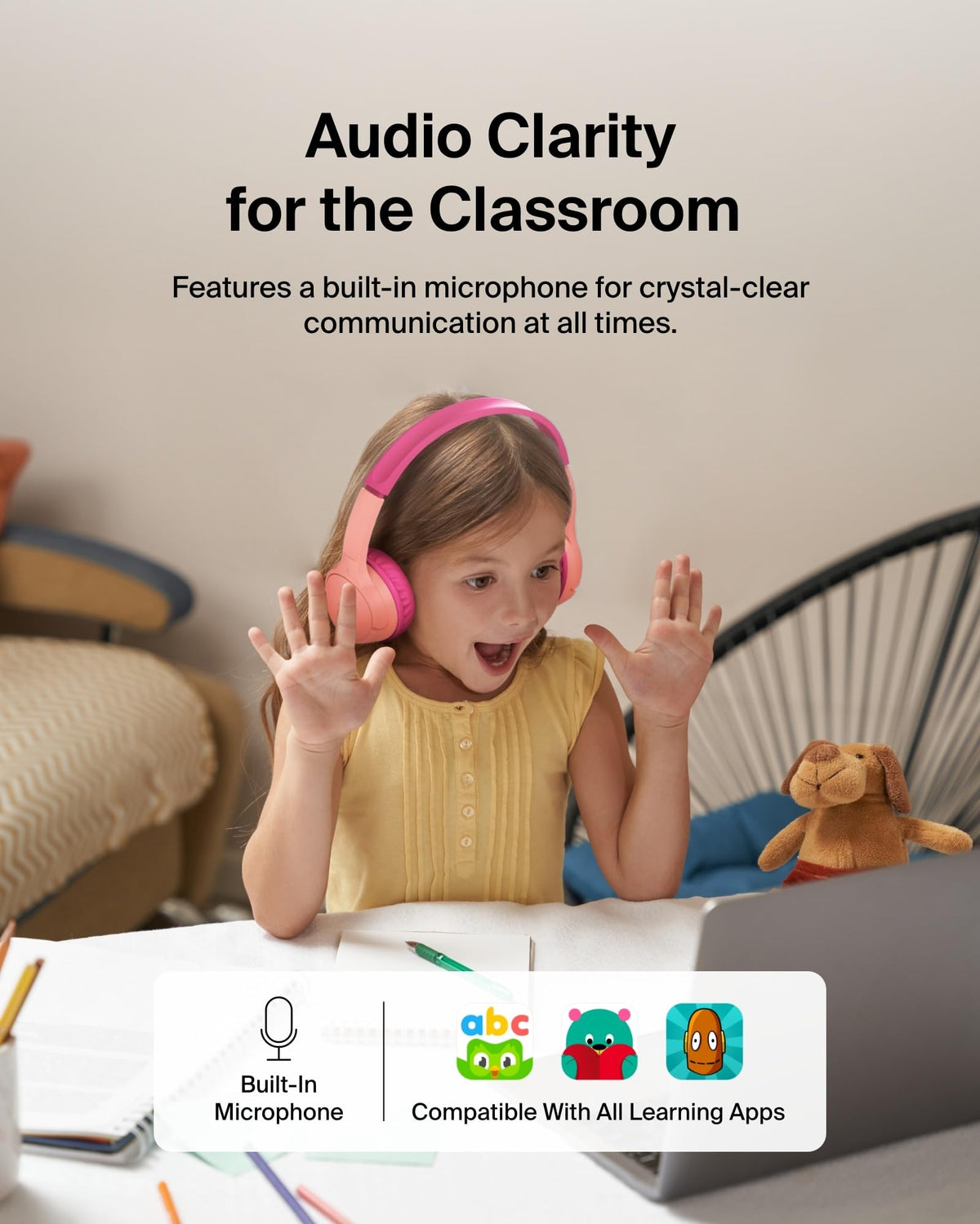 Belkin SoundForm Mini - Wireless Bluetooth Kids Headphones, 30H Battery, 85dB Safe Volume Limit, Built-in Microphone - Toddler On-Ear Earphones for iPhone, iPad - Ideal for School - Blue w/Case