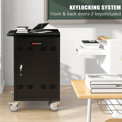 30 Devices Mobile Charging Cart Cabinet, Storage Cart for Chromebook, Tablet, Laptop, Computer Charging Station for Classroom, Up to 16-in Screen Size, Safe Locking (Black)