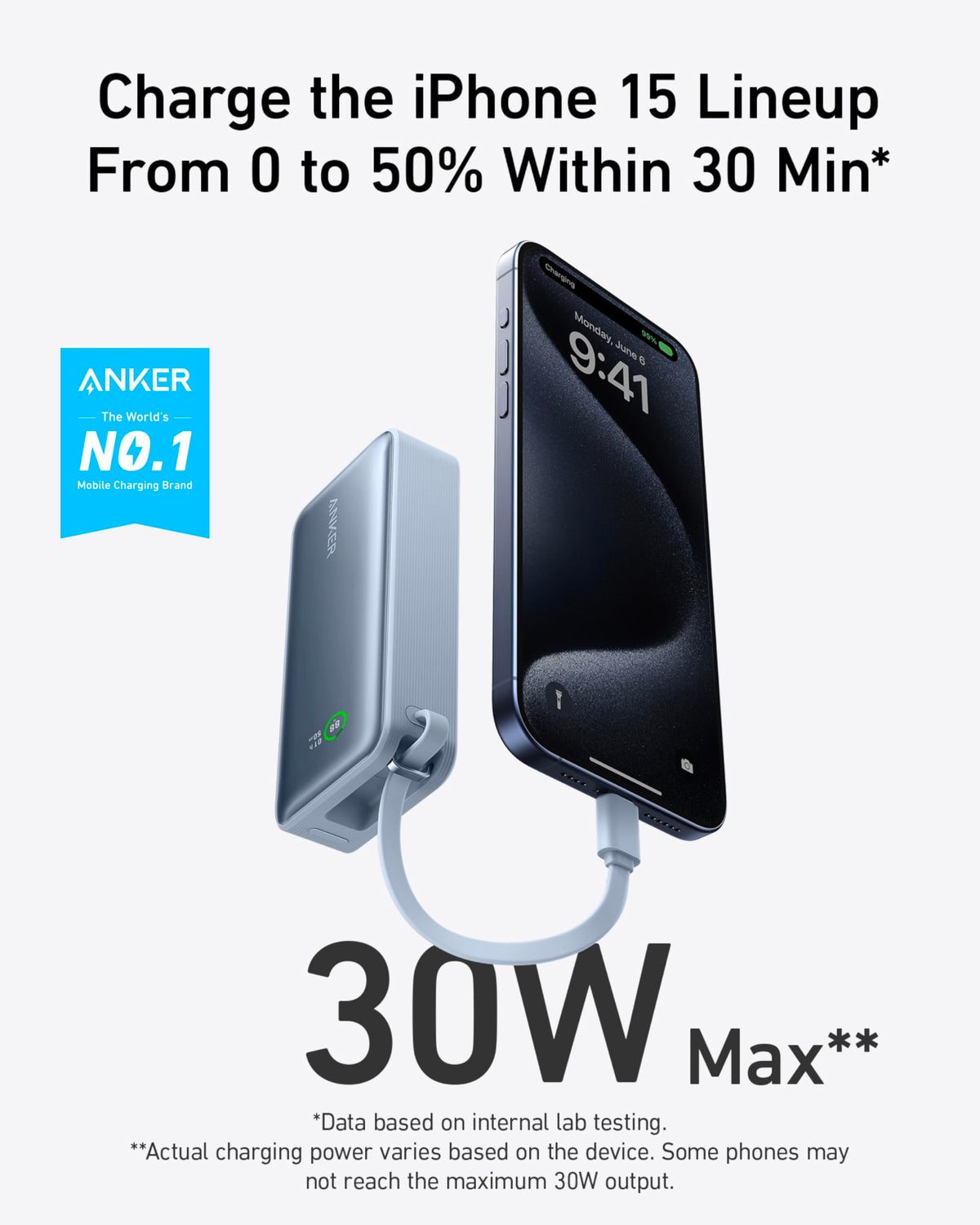 Anker Nano Power Bank, 10,000mAh Portable Charger with Built-in USB-C Cable, 30W Recharging, 30W Max Output with USB-C&A, for iPhone 17/16/15 Series, MacBook, Galaxy, AirPods, and More