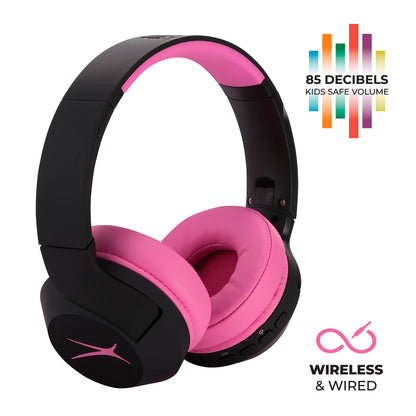 Altec Lansing Kid Safe Noise Cancelling Wireless Headphones 15H Battery, 85dB Volume Limit, Foldable Design Powerful Sound, Active Noise Cancellation Perfect for Kids Ages 7+ (Whiteout Pop Pink)