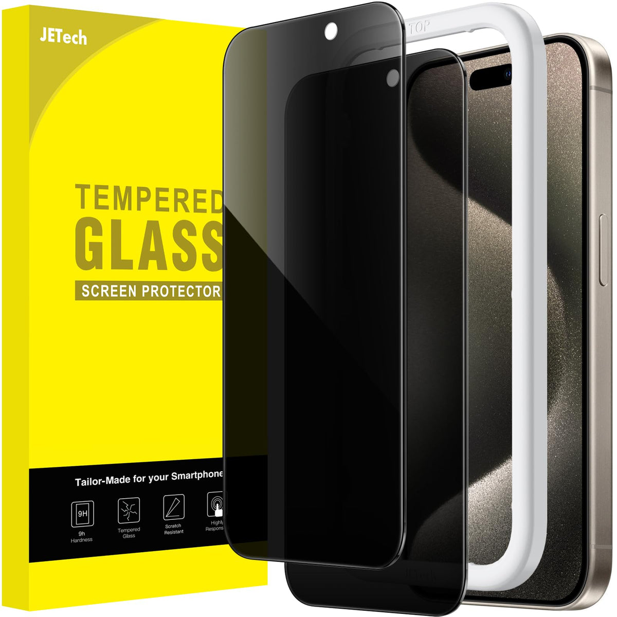 JETech Privacy Screen Protector for iPhone 15 6.1-Inch, Anti-Spy Tempered Glass Film with Easy Installation Tool, 2-Pack