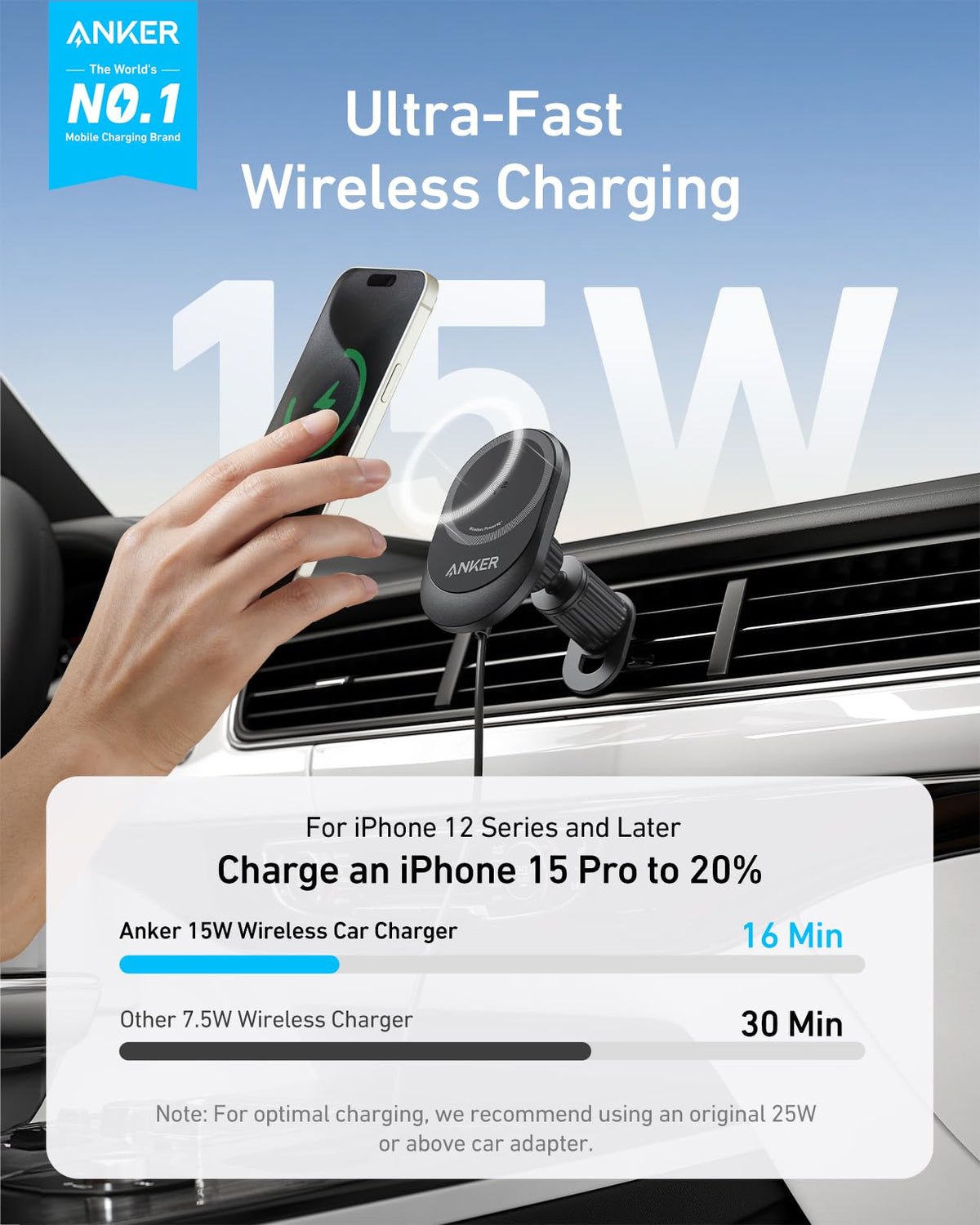 Anker Prime MagSafe Car Mount Charger, Qi2 25W Certified Wireless Car Charger with AirCool, Strong Magnets, Air Vent Mount for iPhone 17-12 Series (Check Vent Compatibility, 60W Adapter Included)