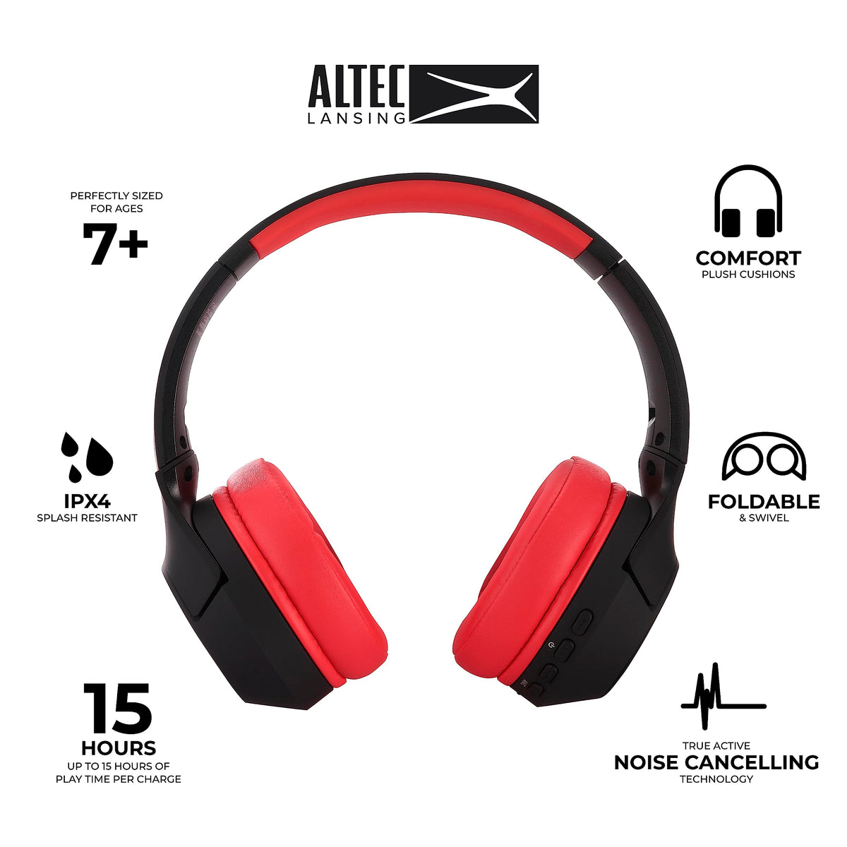 Altec Lansing Kid Safe Noise Cancelling Wireless Headphones 15H Battery, 85dB Volume Limit, Foldable Design Powerful Sound, Active Noise Cancellation Perfect for Kids Ages 7+ (Whiteout Pop Pink)