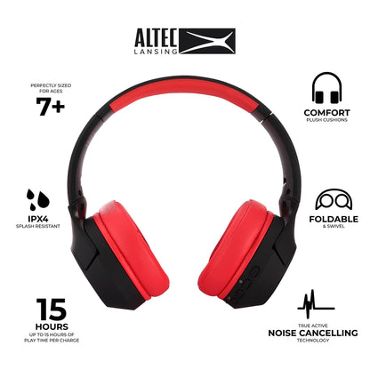 Altec Lansing Kid Safe Noise Cancelling Wireless Headphones 15H Battery, 85dB Volume Limit, Foldable Design Powerful Sound, Active Noise Cancellation Perfect for Kids Ages 7+ (Whiteout Pop Pink)
