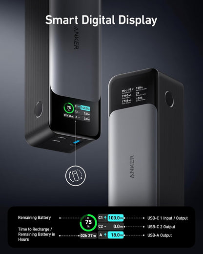 Anker 737 Power Bank, 140W Max 3-Port Laptop Portable Charger, 24,000mAh, Smart Display, Compatible with iPhone 16 / 15 / 14 Series, Vision Pro, Samsung, MacBook, and More