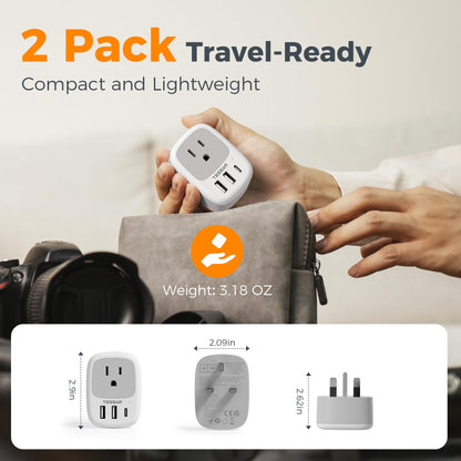 2 Pack European Travel Plug Adapter, TESSAN US to Europe Plug Adapter with 3 USB Ports (1 USB C), Type C Power Outlet for EU International Italy Iceland Spain France Germany