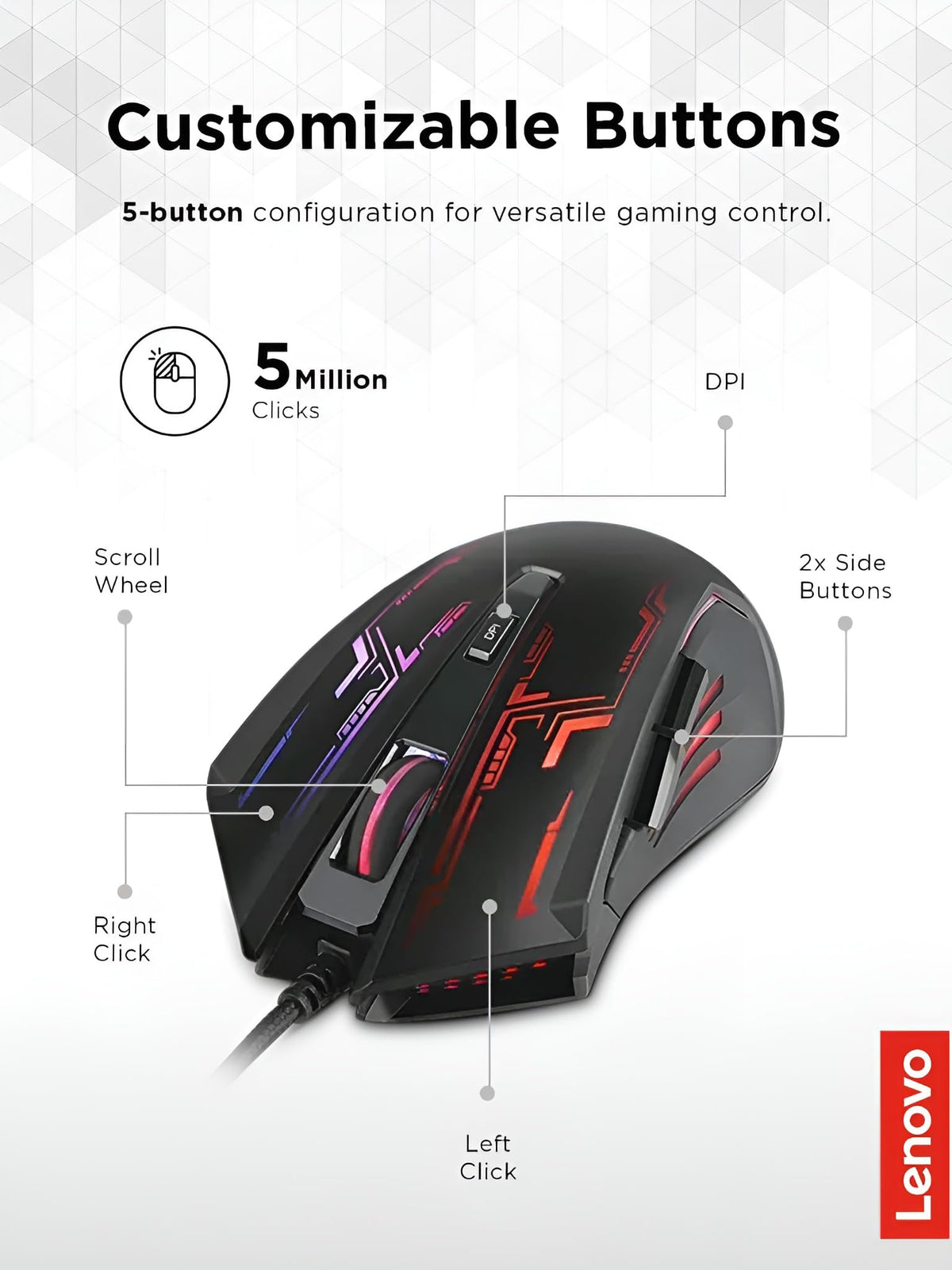 Lenovo GY40T26478 Legion K500 RGB Mechanical Gaming Keyboard, 3 ZONE Full-size Keyboard, 7 user Programmable Hot Keys; 16.8 Million Colors, 50 Million-Click Red Mechanical Keys, Detachable Palm Rest