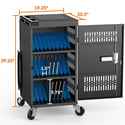 Fully Assembled 30 Bay Mobile Charging and Storage Cart for iPad, Chromebook and Laptop Computer with Keypad Lock,Up to 14-inch Screen Size,Surge Protection,Front & Back Access Locking Cabinet (Black)