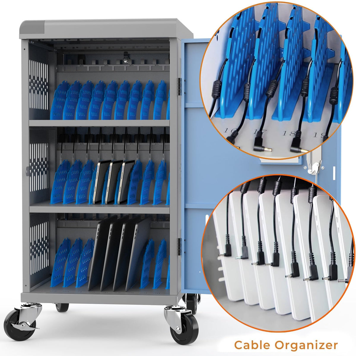 Fully Assembled 30 Bay Mobile Charging and Storage Cart for iPad, Chromebook and Laptop Computer with Keypad Lock,Up to 14-inch Screen Size,Surge Protection,Front & Back Access Locking Cabinet (Black)