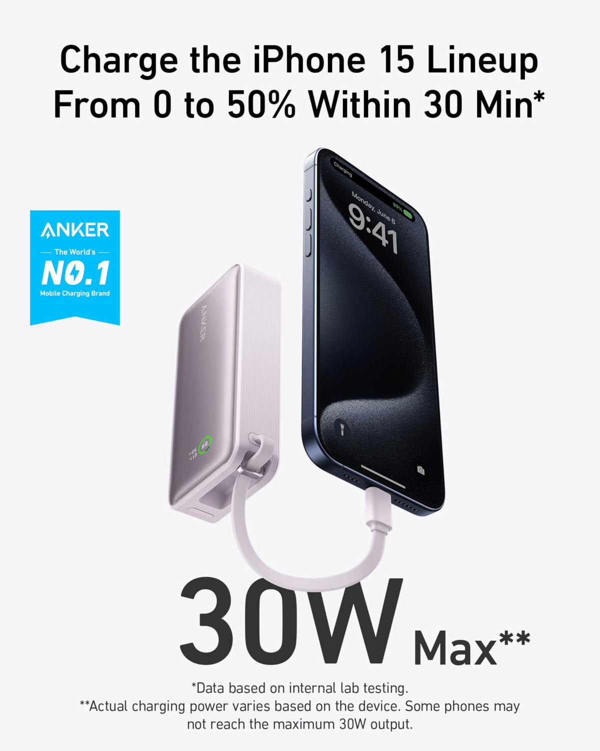 Anker Nano Power Bank, 10,000mAh Portable Charger with Built-in USB-C Cable, 30W Recharging, 30W Max Output with USB-C&A, for iPhone 17/16/15 Series, MacBook, Galaxy, AirPods, and More