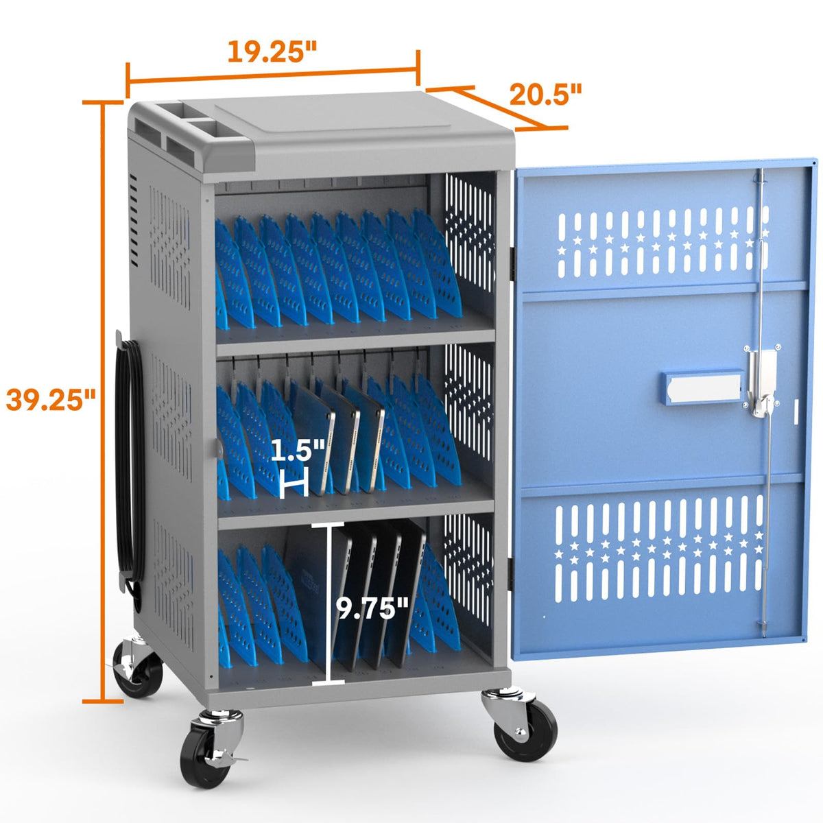 Fully Assembled 30 Bay Mobile Charging and Storage Cart for iPad, Chromebook and Laptop Computer with Keypad Lock,Up to 14-inch Screen Size,Surge Protection,Front & Back Access Locking Cabinet (Black)