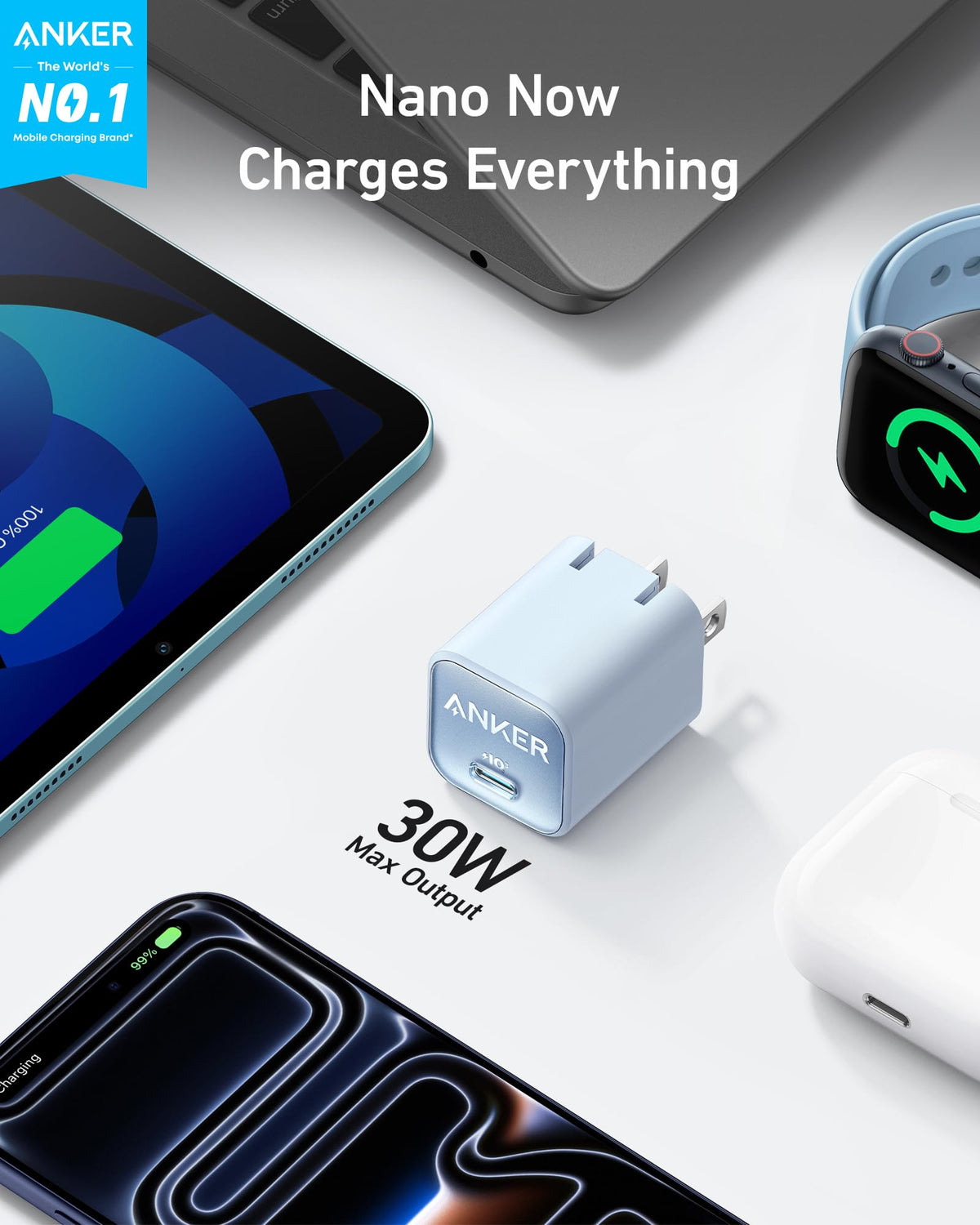 Anker Nano Charger, USB C GaN Charger 30W, PIQ 3.0 Foldable PPS Fast Charger for iPhone 17 / 16 and more series, Galaxy, iPad, Compatible with MagSafe