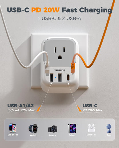 2 Pack European Plug Adapter USB C, TESSAN US to Europe Adapter 4 Outlets 3 USB Charger, Type C International Power Adaptor to Italy Spain France Portugal Iceland Germany, Europe Travel Essentials