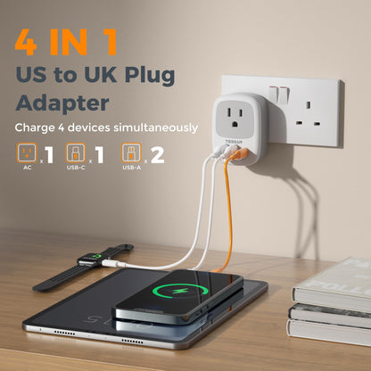 2 Pack European Travel Plug Adapter, TESSAN US to Europe Plug Adapter with 3 USB Ports (1 USB C), Type C Power Outlet for EU International Italy Iceland Spain France Germany