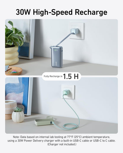 Anker Nano Power Bank, 10,000mAh Portable Charger with Built-in USB-C Cable, 30W Recharging, 30W Max Output with USB-C&A, for iPhone 17/16/15 Series, MacBook, Galaxy, AirPods, and More