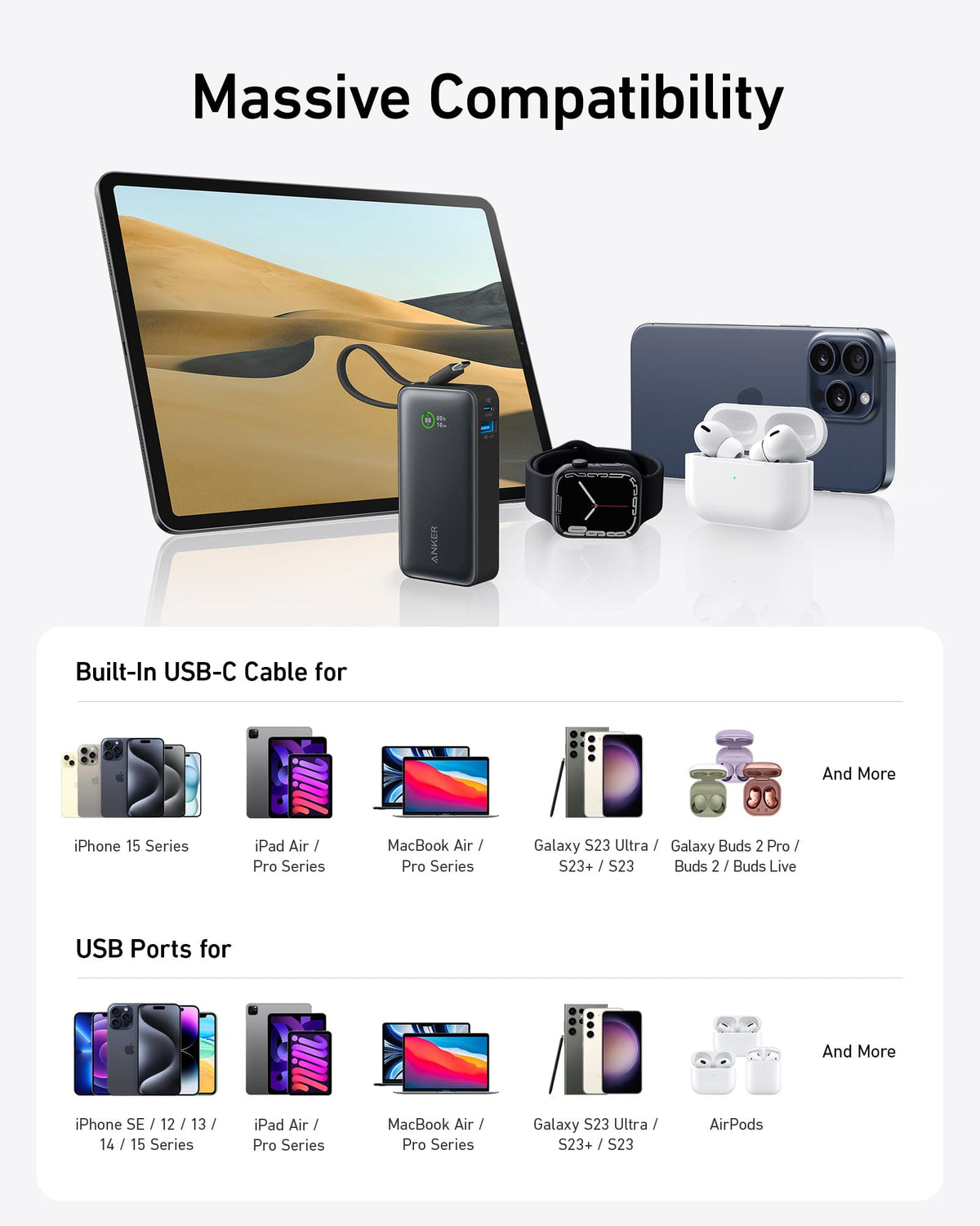 Anker Nano Power Bank, 10,000mAh Portable Charger with Built-in USB-C Cable, 30W Recharging, 30W Max Output with USB-C&A, for iPhone 17/16/15 Series, MacBook, Galaxy, AirPods, and More