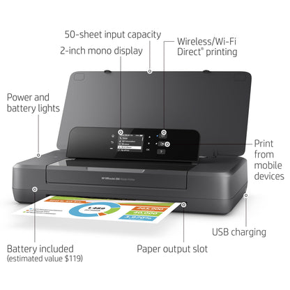 HP OfficeJet 200 Wireless Mobile Printer - Black, Battery Included (CZ993A)