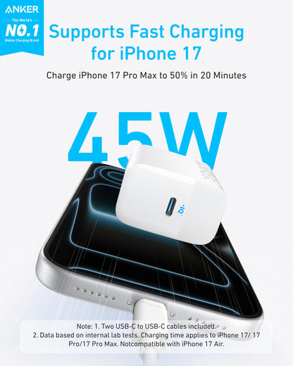 Anker 45W USB C Charger Block, PPS Fast Charger with USB-C Cable for iPhone 17/16 and More Series, iPad, Galaxy S24 Ultra (2-Pack 5 ft Cable Included)