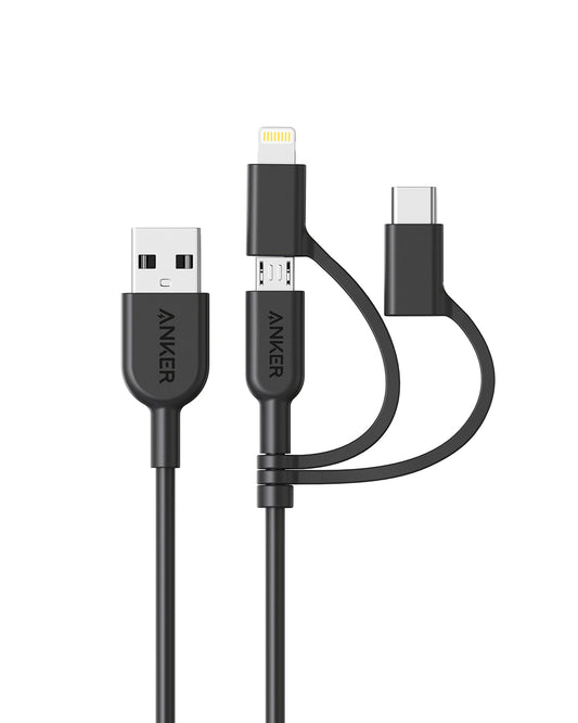 Anker Powerline II 3-in-1 Cable, Lightning/Type C/Micro USB Cable for iPhone, iPad, Huawei, HTC, LG, Samsung Galaxy, Sony Xperia, Android Smartphones, and More(3ft, White)