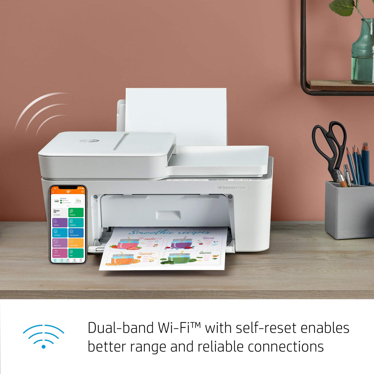 HP DeskJet 4155e Wireless Color Inkjet Printer, Print, scan, copy, Easy setup, Mobile printing, Best-for home, 3 month Instant Ink trial included, white