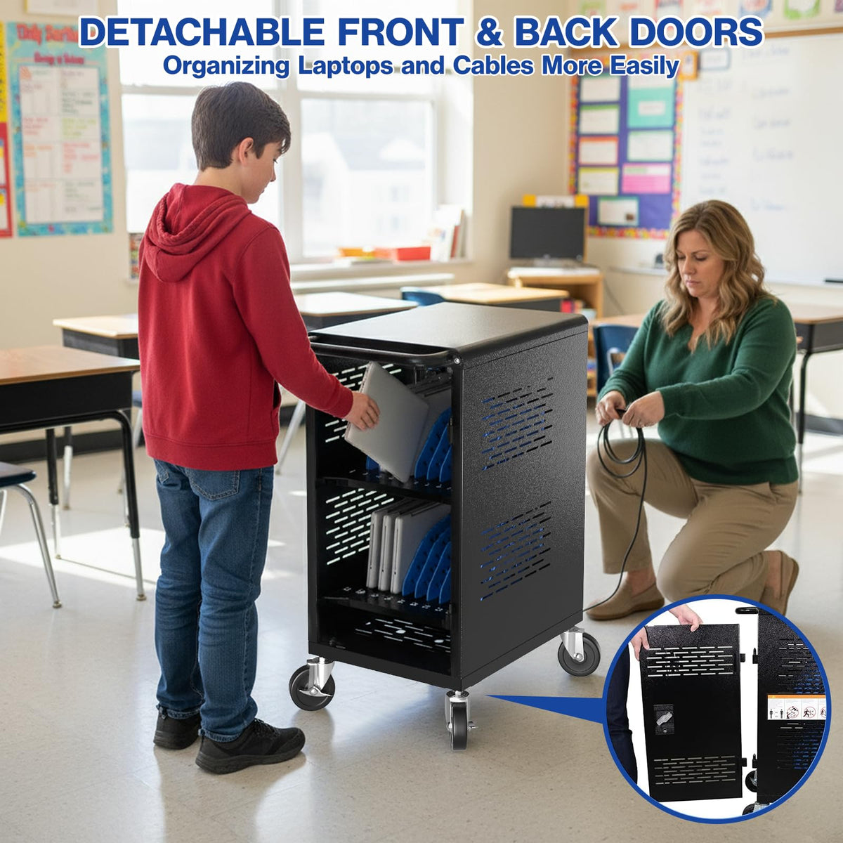 Fully Assembled 20 Devices Laptop Charging Cart - Tablet Storage Cart for Chromebook iPad, Mobile Laptop Charging Station for Classroom Office - Includes Cable Management & Detachable Door, Black