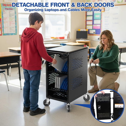 Fully Assembled 20 Devices Laptop Charging Cart - Tablet Storage Cart for Chromebook iPad, Mobile Laptop Charging Station for Classroom Office - Includes Cable Management & Detachable Door, Black