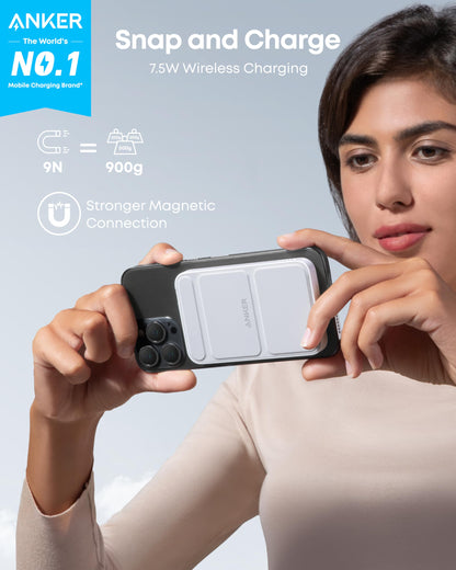 Anker 622 Magnetic Battery (MagGo), 5,000mAh Foldable Magnetic Wireless Portable Charger with Stand and USB-C Port (On the Side), Magsafe-Compatible for iPhone 16/15/14/13 Series