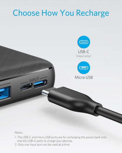 Anker Portable Charger, 325 Power Bank (PowerCore Essential 20K), 20000mAh Battery Pack with 15W Charging, PowerIQ, 2 USB-A, 1 Micro USB, Two-Way USB-C Ports for iPhone Series, AirPods, and More