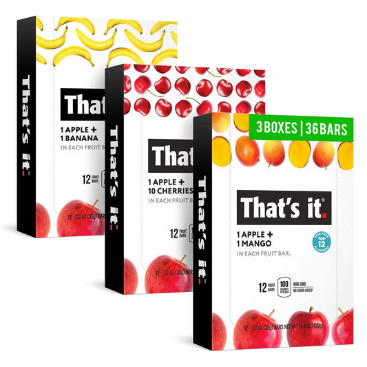 That’s it. Variety, 100% Natural Real Fruit Bar, High Fiber Vegan, Gluten Free Healthy Snack, Paleo for Children & Adults, Non GMO No Added Sugar (Blueberry, Strawberry, Fig) (36 Pack)