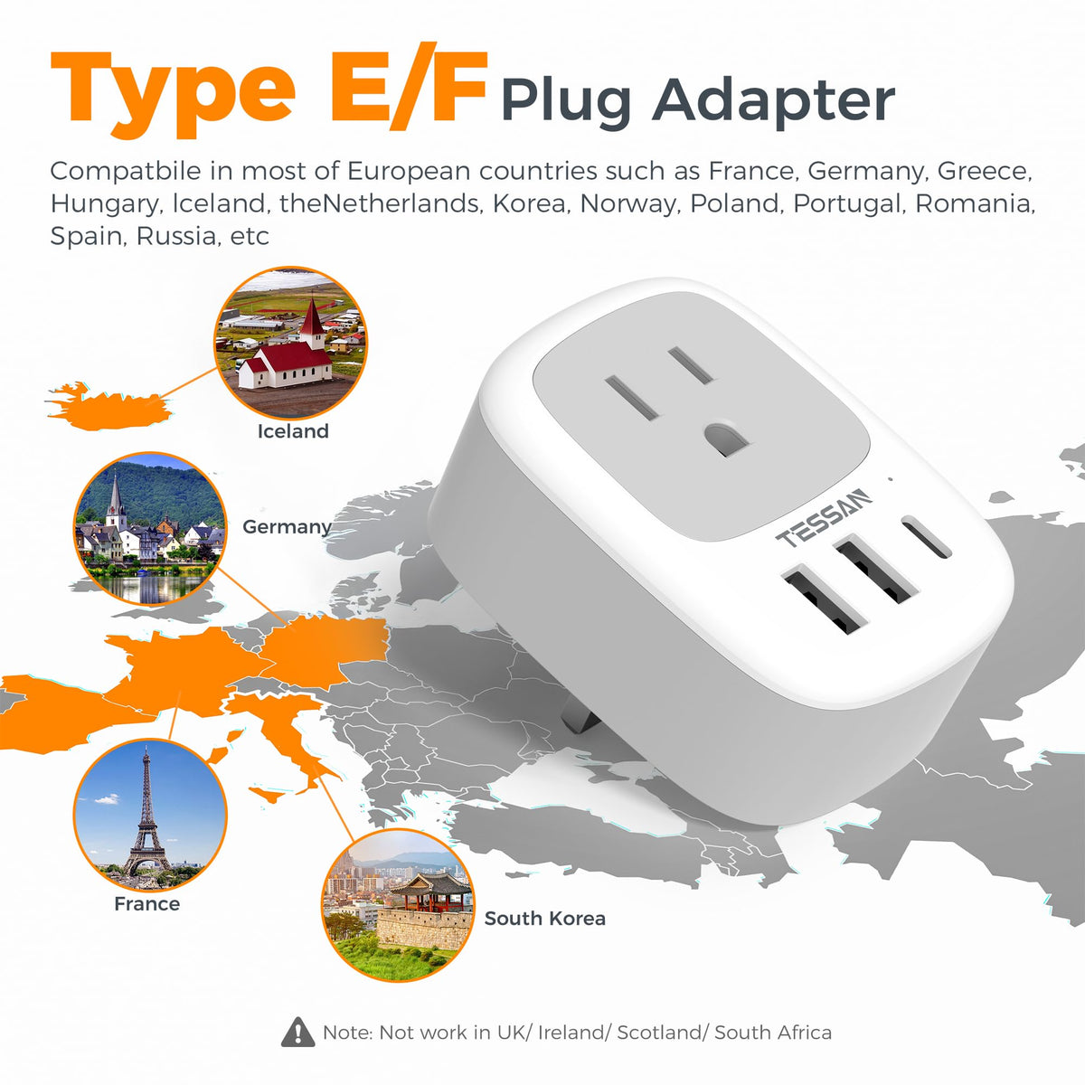 2 Pack European Travel Plug Adapter, TESSAN US to Europe Plug Adapter with 3 USB Ports (1 USB C), Type C Power Outlet for EU International Italy Iceland Spain France Germany