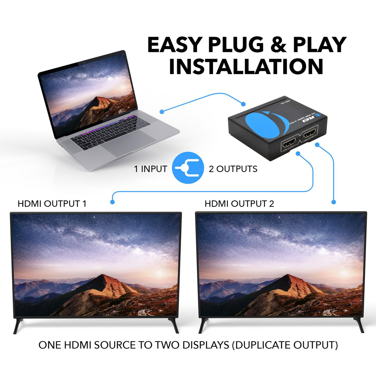 OREI HDMI Splitter 1 in 2 out - Ultra HD 4K @ 30Hz, HDCP, 3D & Full HD 1080P Support for Xbox, PS4, Blu-ray, HDTV - Adapter Included