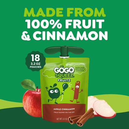 GoGo squeeZ No Sugar Added Applesauce and Fruit Puree, Apple Cinnamon, 3.2 oz Pouches (Pack of 18), Fruit Snacks for Kids, Gluten Free, Nut Free, Recloseable Cap, BPA Free