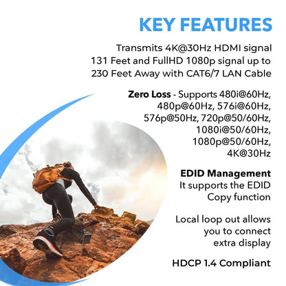 OREI 4K HDMI Over Ethernet Extender RJ45 (CAT6/CAT7) – 4K@30Hz up to 131ft / 1080p up to 230ft, Full HD POC Transmitter & Receiver with IR Loop Out (EX-230C)