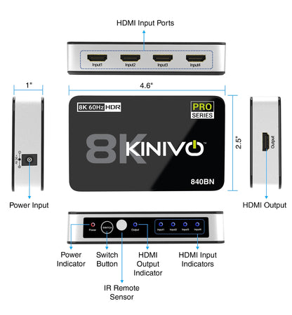 Kinivo HDMI Switch 5 in 1 Out 4K 60Hz (HDR 10, High Speed 18Gbps, IR Remote, HDCP2.2, Dolby Vision, VRR) - 550BN Switcher Compatible with Roku, PS5, Xbox, Apple TV, Nintendo Switch 2, Cable Box