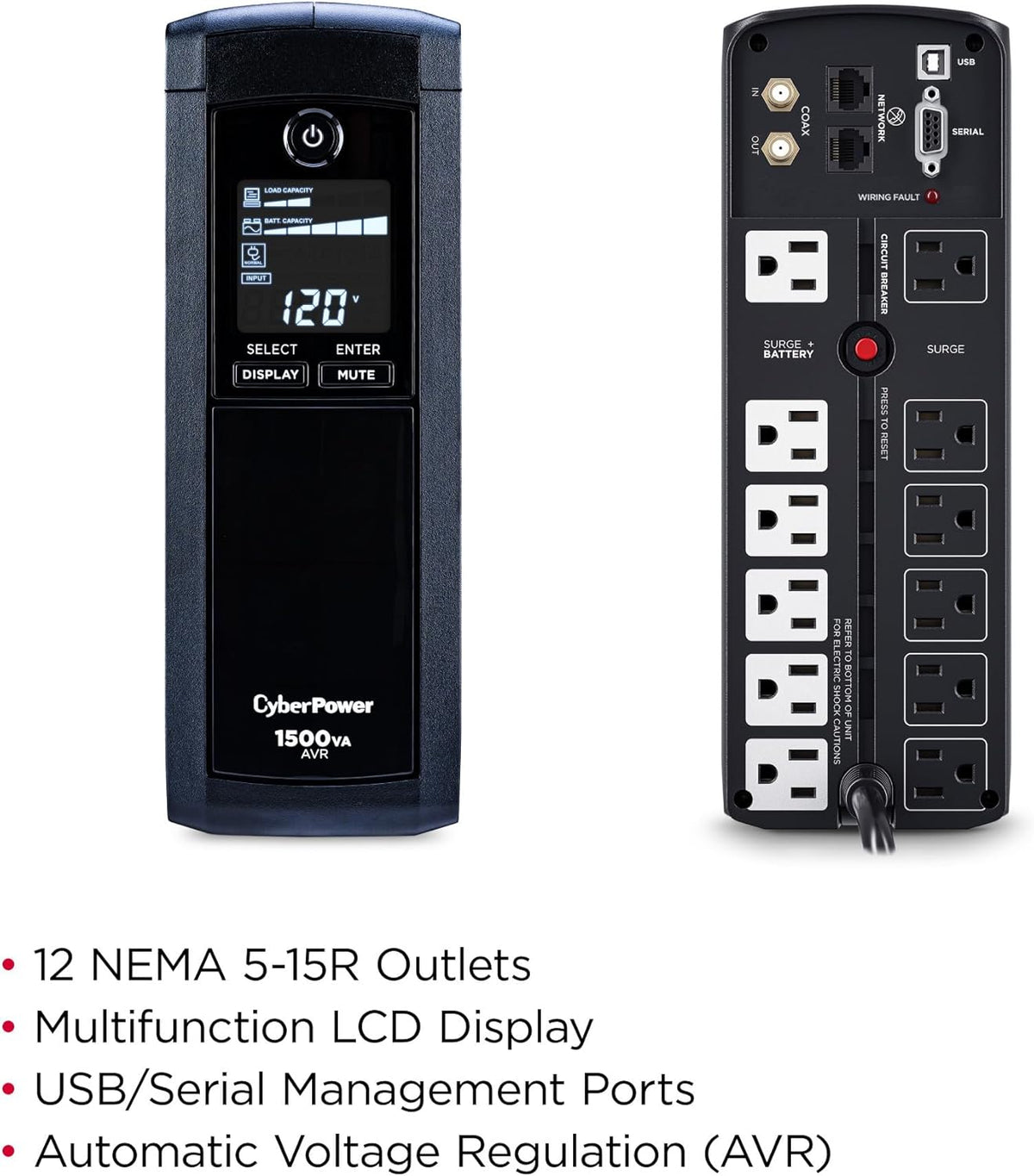 CyberPower CP1500AVRLCD Intelligent LCD UPS Battery Backup and Surge Protector, 1500VA/900W, 12 Outlets, AVR, Mini-Tower, UL Certified