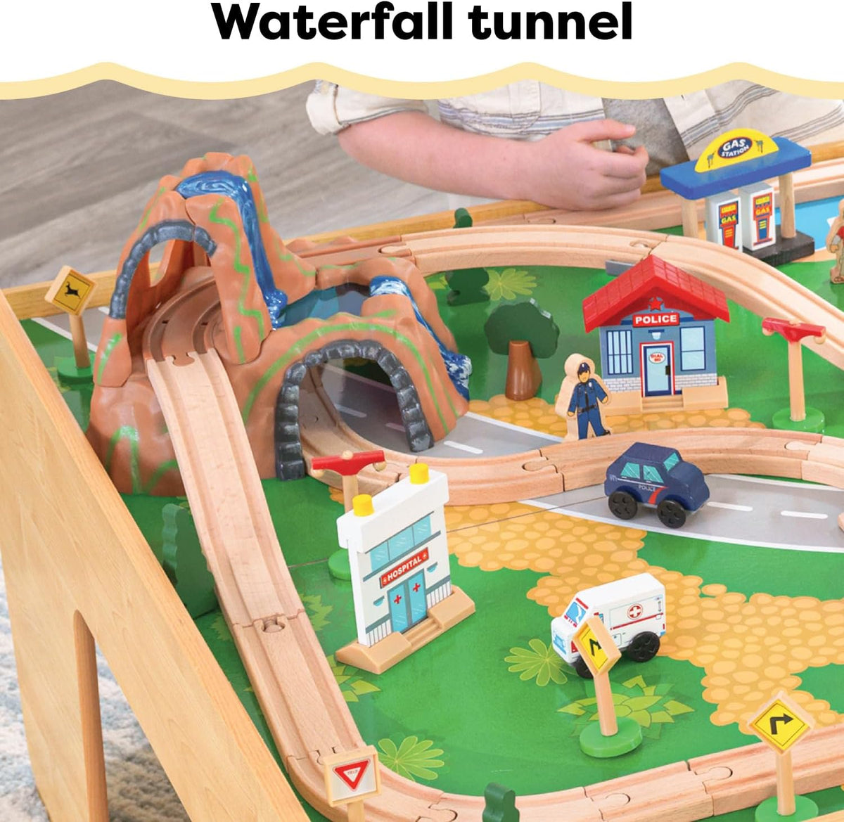 KidKraft Waterfall Mountain Wooden Train Set & Table with 120 Pieces, 3 Storage Bins