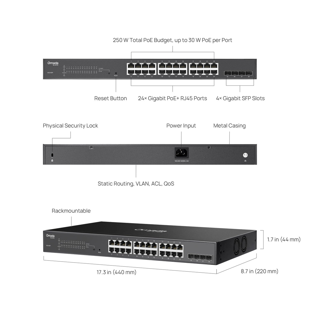 TP-Link Omada SG2428P | Jetstream 24 Port Gigabit Smart Managed PoE Switch | 24 PoE+ Ports @250W, 4 SFP Slots | Omada SDN Integrated | PoE Recovery | IPv6 | Static Routing