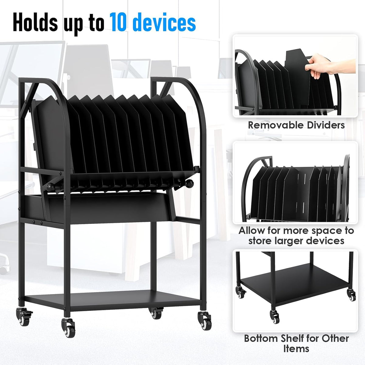 2 Tier Open Laptop Charging Cart with Wheels, 10 Device Mobile Charging Station for chromebook, iPads and Tablet, Laptop Charging Storage Rack for Office and Classroom