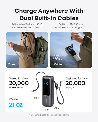 Anker Laptop Power Bank, 25,000mAh Portable Charger with Triple 100W USB-C Ports, Built-in Retractable Cables, Flight-Approved for Travel, iPhone 17/16 Series, MacBook, Samsung, and More