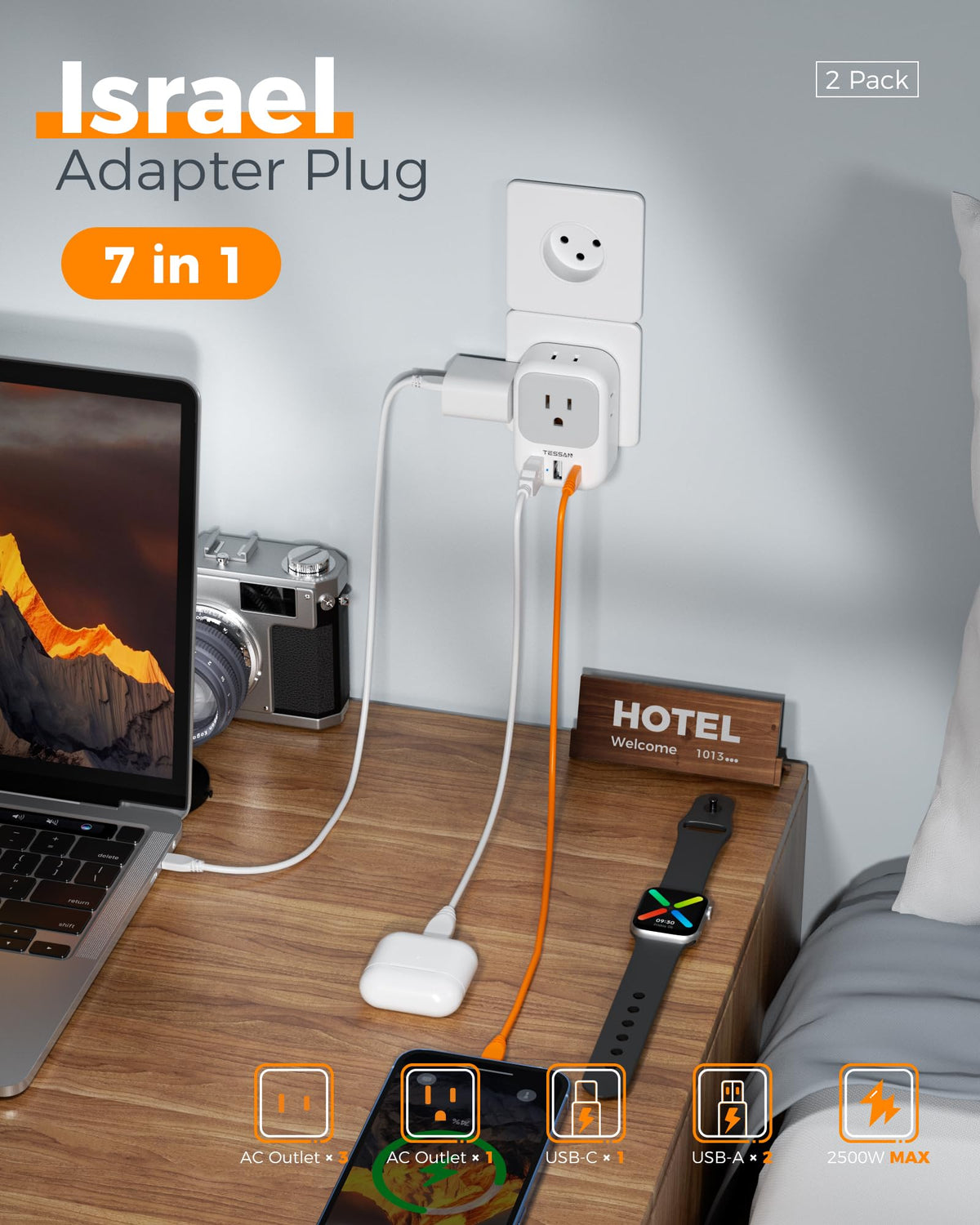2 Pack European Plug Adapter USB C, TESSAN US to Europe Adapter 4 Outlets 3 USB Charger, Type C International Power Adaptor to Italy Spain France Portugal Iceland Germany, Europe Travel Essentials